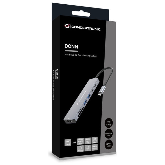 Conceptronic DONN28G Hub USB 3.2 Type-C 5 Porte 4K 100W Grigio Alluminio Lettore SD