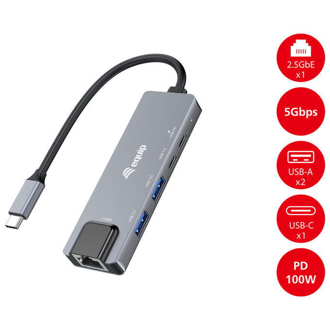 Equip Adattatore USB-C 5 in 1 - 2.5GbE Ethernet - 100W PD - 4 Porte USB - Grigio