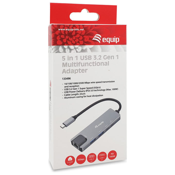 Equip Adattatore USB-C 5 in 1 - 2.5GbE Ethernet - 100W PD - 4 Porte USB - Grigio