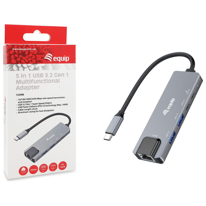 Equip Adattatore USB-C 5 in 1 - 2.5GbE Ethernet - 100W PD - 4 Porte USB - Grigio