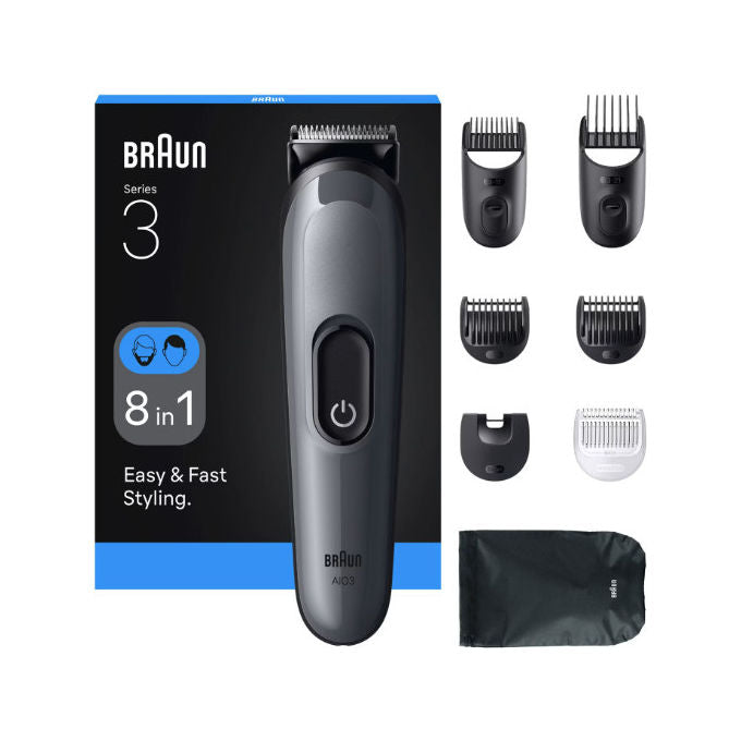 Braun AIO3540 Series 3 Regolabarba 8 in 1 14 Lunghezze autonomia 50 min uso secco e umido colore Nero Grigio