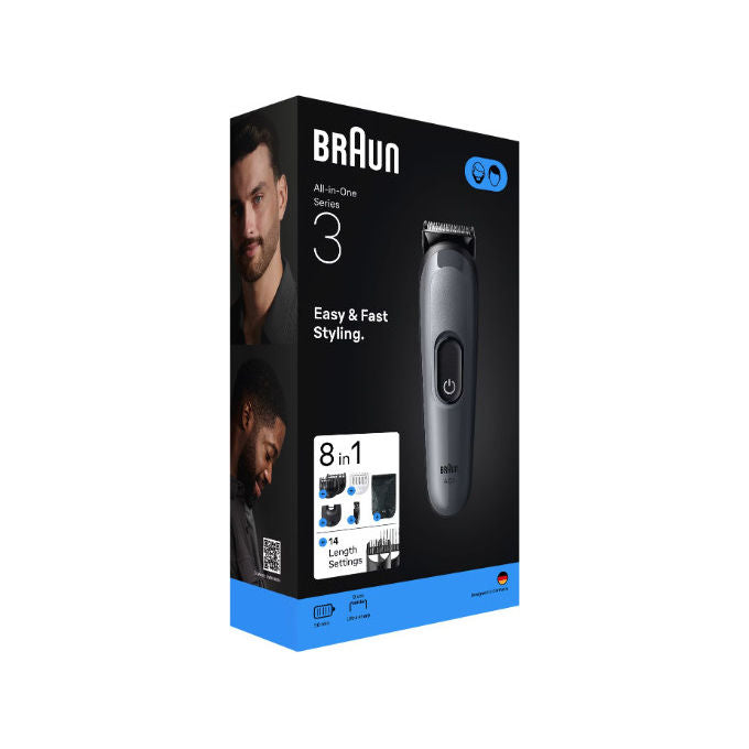 Braun AIO3540 Series 3 Regolabarba 8 in 1 14 Lunghezze autonomia 50 min uso secco e umido colore Nero Grigio