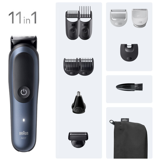 Braun AIO7540 Series 7 Regolabarba e Tagliacapelli 11 in 1 Impermeabile 14 lunghezze autonomia 120 min colore Nero Blu