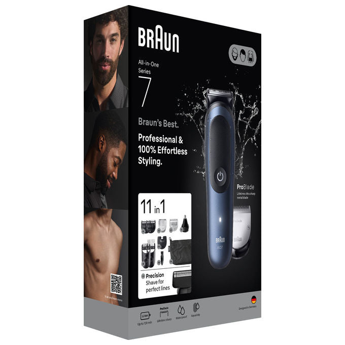 Braun AIO7540 Series 7 Regolabarba e Tagliacapelli 11 in 1 Impermeabile 14 lunghezze autonomia 120 min colore Nero Blu