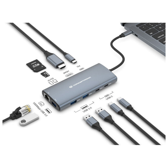 Conceptronic DONN06G Docking Station 10 in 1 USB-C USB 3.2 Gen 1 HDMI 4K Ethernet Gigabit USB PD 100W colore Grigio
