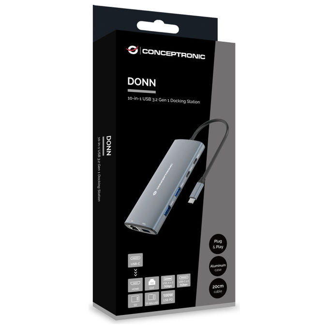 Conceptronic DONN06G Docking Station 10 in 1 USB-C USB 3.2 Gen 1 HDMI 4K Ethernet Gigabit USB PD 100W colore Grigio