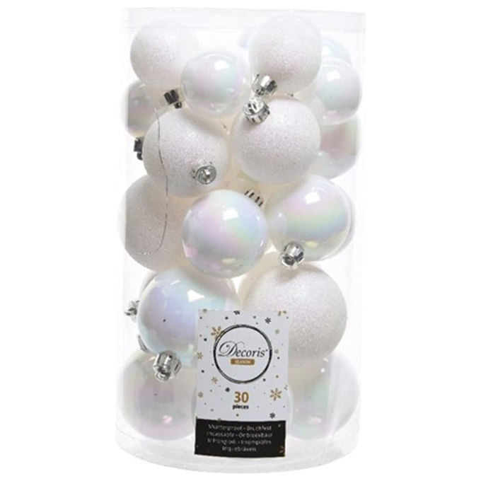Kaemingk, 30 Palline di Natale, Bianco Iridescente, Infrangibili, 6cm, Cilindro-Sfera