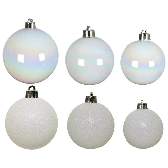 Kaemingk, 30 Palline di Natale, Bianco Iridescente, Infrangibili, 6cm, Cilindro-Sfera