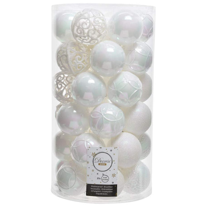 Kaemingk, Palline di Natale Bianco Iridescente, 6 cm, 37 pezzi, Plastica Infrangibile