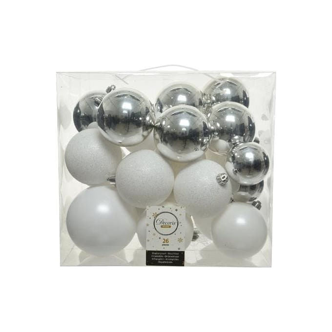 Amicasa, Palline di Natale, 26 Pezzi, Mix Bianco e Argento, Decorazioni Albero