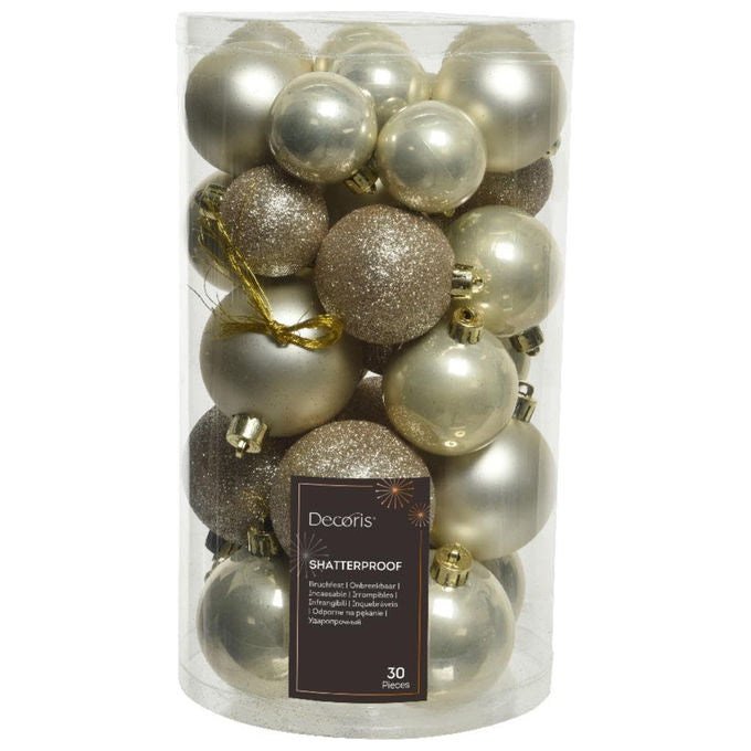 Decoris, Set 30 Palline Natale Oro, Mix 40-60mm Opaco Lucido Glitter, Plastica