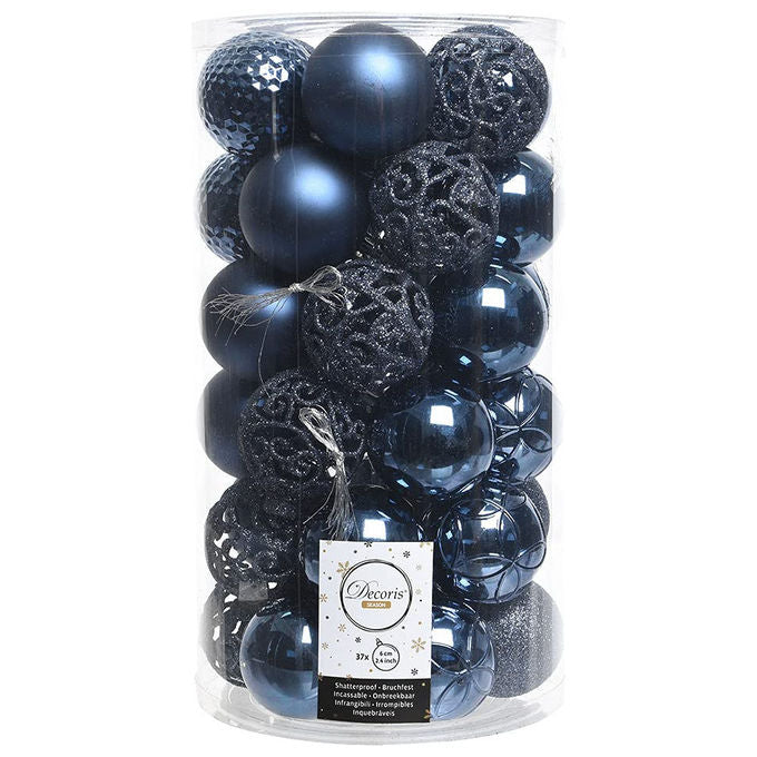 Kaemingk, Set 37 Palline Natale Blu Notte, D.6cm Mix Lucide, Opache e Glitterate, in Plastica