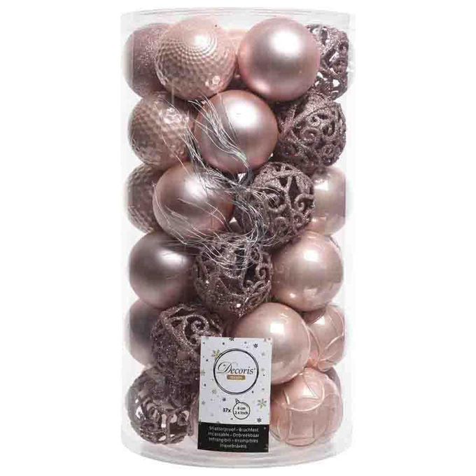 Kaemingk, Set 37 Palline Natale, 6 cm, Rosa Cipria, Finiture Matte, Lucide e Glitterate