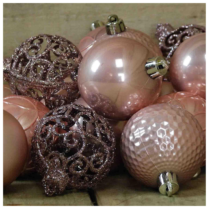Kaemingk, Set 37 Palline Natale, 6 cm, Rosa Cipria, Finiture Matte, Lucide e Glitterate