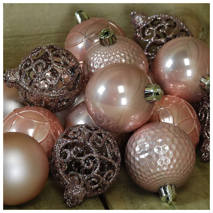 Kaemingk, Set 37 Palline Natale, 6 cm, Rosa Cipria, Finiture Matte, Lucide e Glitterate