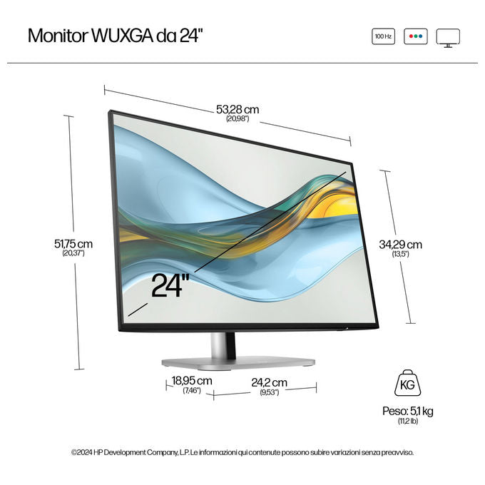 HP 9D9A7AA Serie 5 Monitor PC 24'' WUXGA IPS 1920x1200 100Hz 350cd-m² Hub USB 3.2 HDMI DisplayPort colore Nero