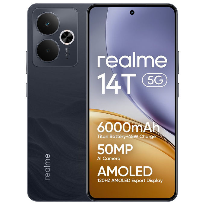 Realme 14T Smartphone 5G 6.67'' 8 GB 256 GB AMOLED 120 Hz Dimensity 6300 Batteria 6000 mAh 45 W IP68 Android 15 colore Nero