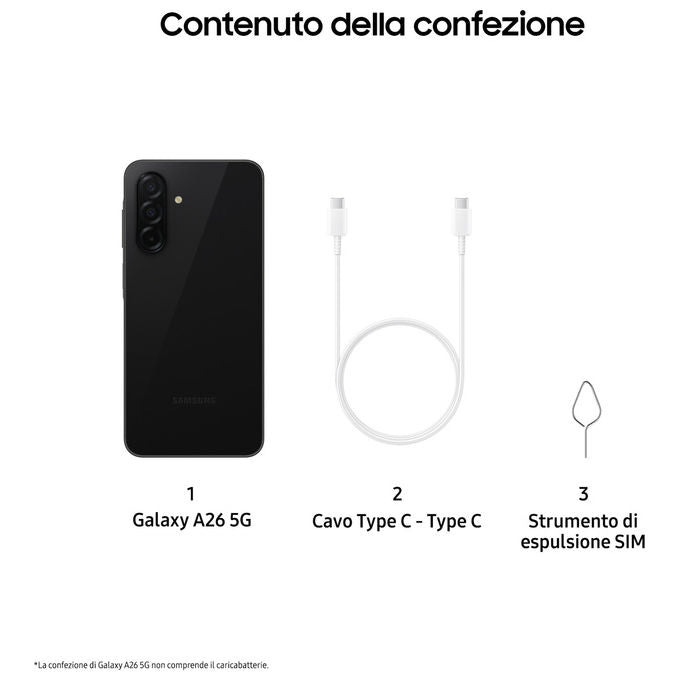 Samsung SM-A266BZKBEUE Galaxy A26 5G Smartphone 6.7'' 6GB RAM 128GB Tripla Fotocamera 50MP 5000 mAh Android 15 IP67 colore Nero