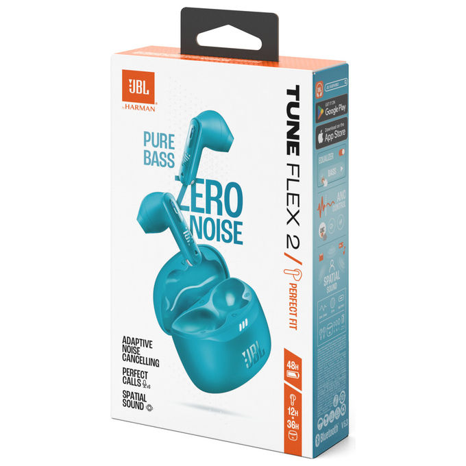 JBL JBLTFLEX2TQE Tune Flex 2 Auricolari True Wireless ANC Adattivo 6 Microfoni IP54 Bluetooth 5.3 48h Autonomia colore Turchese