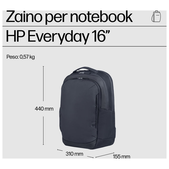 HP A08JXAA Everyday Zaino per Notebook 16'' Poliestere Riciclato 21L Resistente all'Acqua colore Grigio