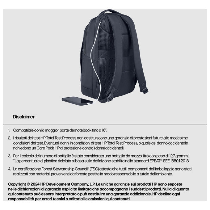 HP A08JXAA Everyday Zaino per Notebook 16'' Poliestere Riciclato 21L Resistente all'Acqua colore Grigio