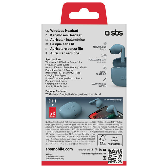 SBS Auricolari True Wireless Bluetooth 5.0 Verde per Musica e Chiamate con Custodia