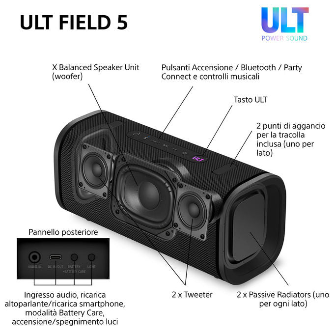 Sony SRSULT50W.CE7 ULT Field 5 Altoparlante Portatile Bluetooth 25h Batteria IP67 Wi-Fi Luci LED 360 colore Bianco