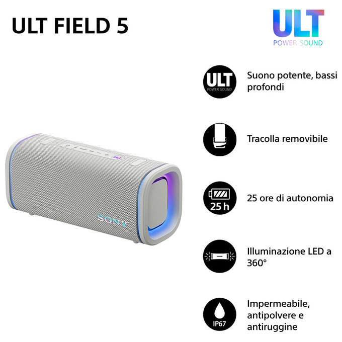 Sony SRSULT50W.CE7 ULT Field 5 Altoparlante Portatile Bluetooth 25h Batteria IP67 Wi-Fi Luci LED 360 colore Bianco