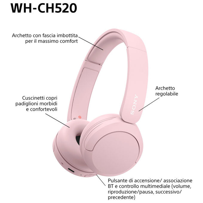 Sony WHCH520P.CE7 WH-CH520 Cuffie Bluetooth 5.2 On-Ear Wireless Autonomia 40h USB-C colore Rosa
