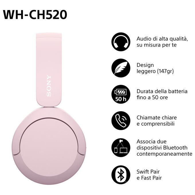 Sony WHCH520P.CE7 WH-CH520 Cuffie Bluetooth 5.2 On-Ear Wireless Autonomia 40h USB-C colore Rosa