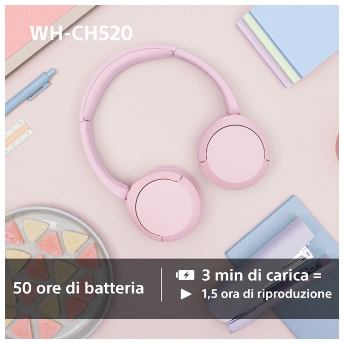 Sony WHCH520P.CE7 WH-CH520 Cuffie Bluetooth 5.2 On-Ear Wireless Autonomia 40h USB-C colore Rosa
