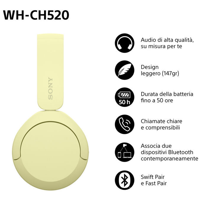Sony WHCH520Y Cuffie Wireless Bluetooth Gialle 40h Autonomia Musica e Chiamate