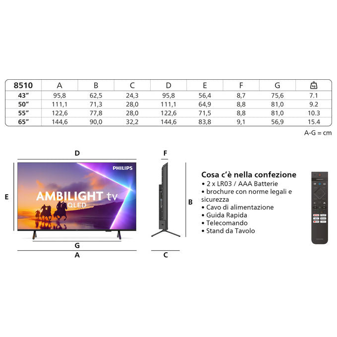 Philips 43PUS8510 Ambilight Smart TV 43'' QLED 4K Ultra HD Dolby Atmos Titan OS colore Nero