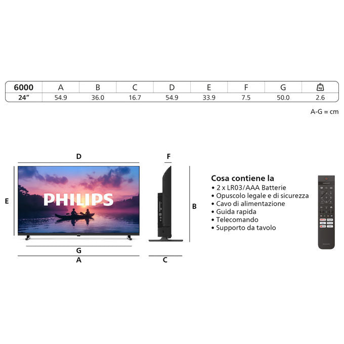 Philips 24PHS6000-12 Smart TV LED HD 24'' Titan OS Dolby Digital HDR10 Wi-Fi Alexa Google Assistant colore Nero