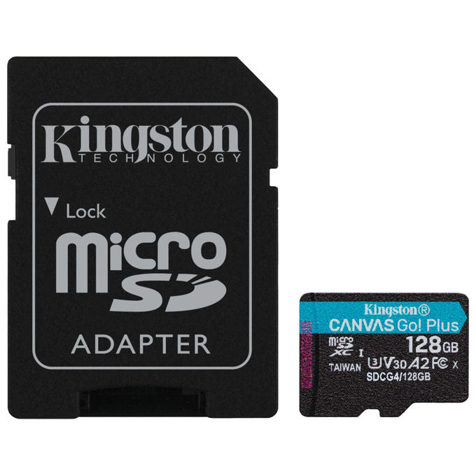 Kingston SDCG4-128GB Canvas Go Plus Scheda microSDXC 128 GB 200 MB-s UHS-I U3 V30 A2 con adattatore SD colore Nero Turchese