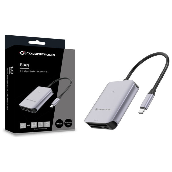 Conceptronic BIAN09G Lettore Schede Multi-Card USB-C 3.2 Gen 2 Grigio Alluminio Alta Velocita'