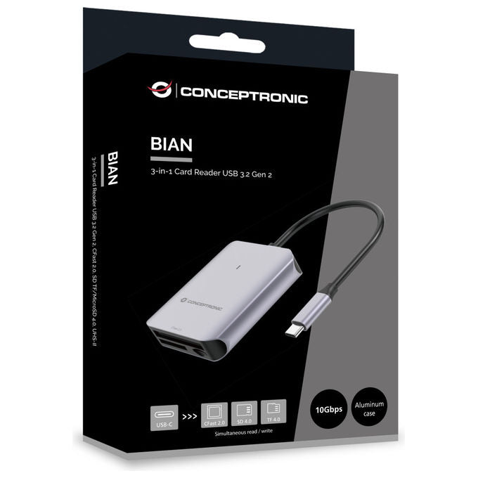 Conceptronic BIAN09G Lettore Schede Multi-Card USB-C 3.2 Gen 2 Grigio Alluminio Alta Velocita'