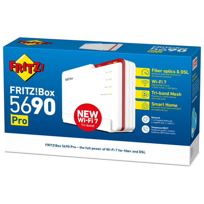 Fritz! FRITZ!BOX 5690 PRO Router Wireless Wi-Fi 7 Tri-band 2.5 Gigabit Ethernet SFP Fibra Ottica WPA3 colore Bianco
