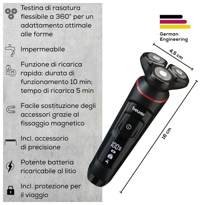 Beurer MN8X Rasoio Rotante Nero 3 Testine Flessibili Batteria Ricaricabile