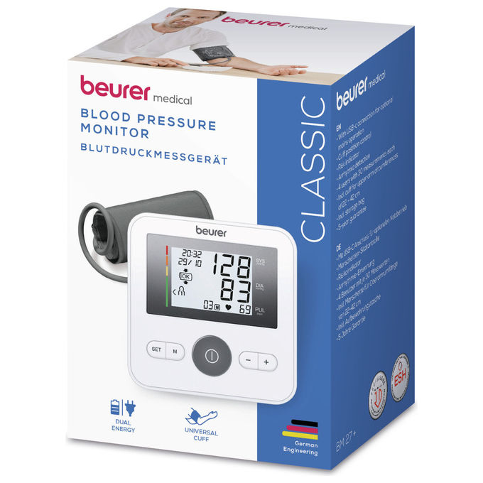 Beurer BM 27+ Misuratore Pressione Braccio 4 Utenti Rilevamento Aritmia USB-C App Beurer HealthManager Pro colore Bianco