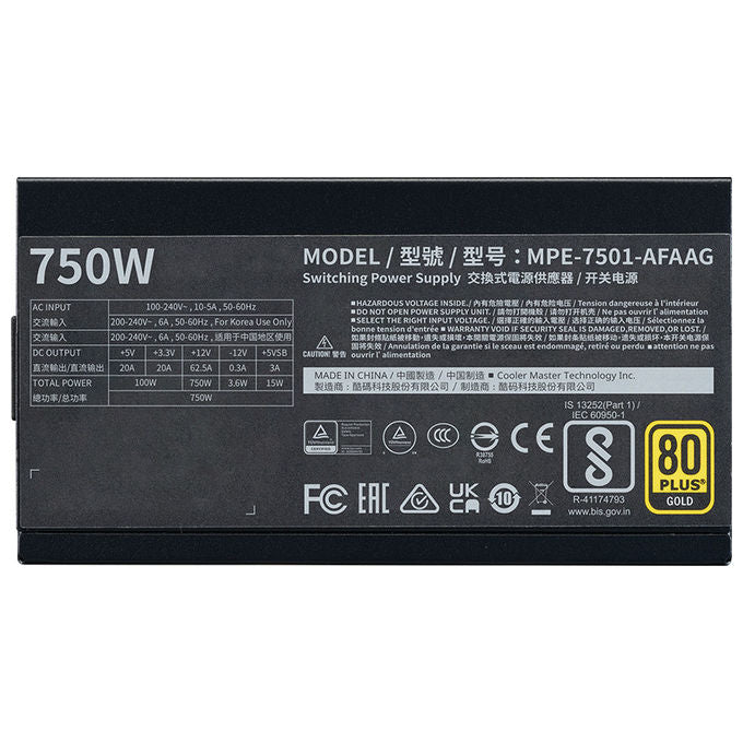 Cooler Master MWE Gold 750 V2 Alimentatore 750W Modulare 80 PLUS Gold ATX 3.1 Nero