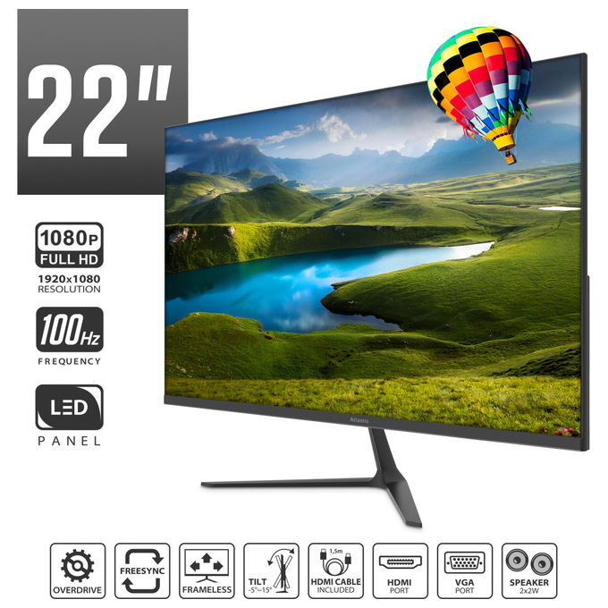 Atlantis A05-HE22VF-VHM Monitor PC 21.5'' VA Full HD 1920x1080 100Hz 5ms FreeSync VGA HDMI Multimediale colore Nero