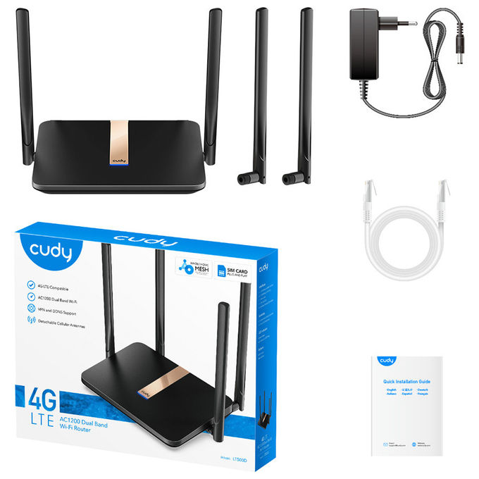 Cudy LT500D Router 4G LTE Wi-Fi Mesh AC1200 Dual Band 867 Mbit-s 4 Porte Fast Ethernet NanoSIM VPN DDNS colore Nero