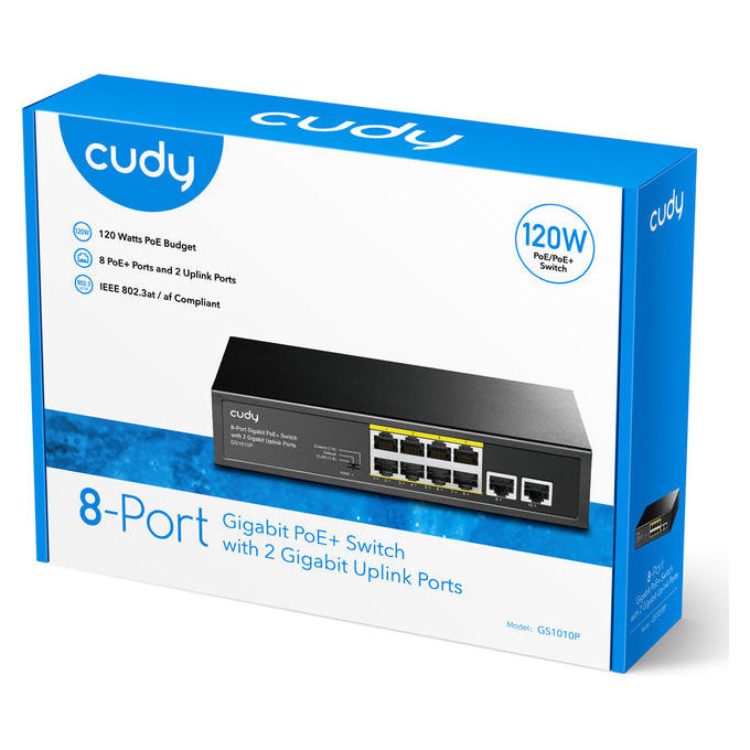 Cudy GS1010P Switch Ethernet Gigabit 10 porte 8 PoE+ 120W Nero Montaggio Parete