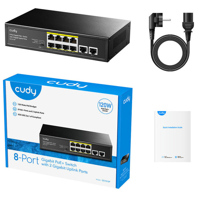 Cudy GS1010P Switch Ethernet Gigabit 10 porte 8 PoE+ 120W Nero Montaggio Parete