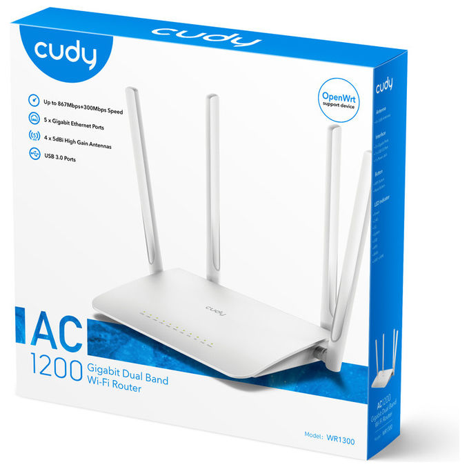 Cudy WR1300 Router Wireless Dual Band AC1200 Wi-Fi 5 4 Porte LAN Gigabit Ethernet MU-MIMO VPN colore Bianco