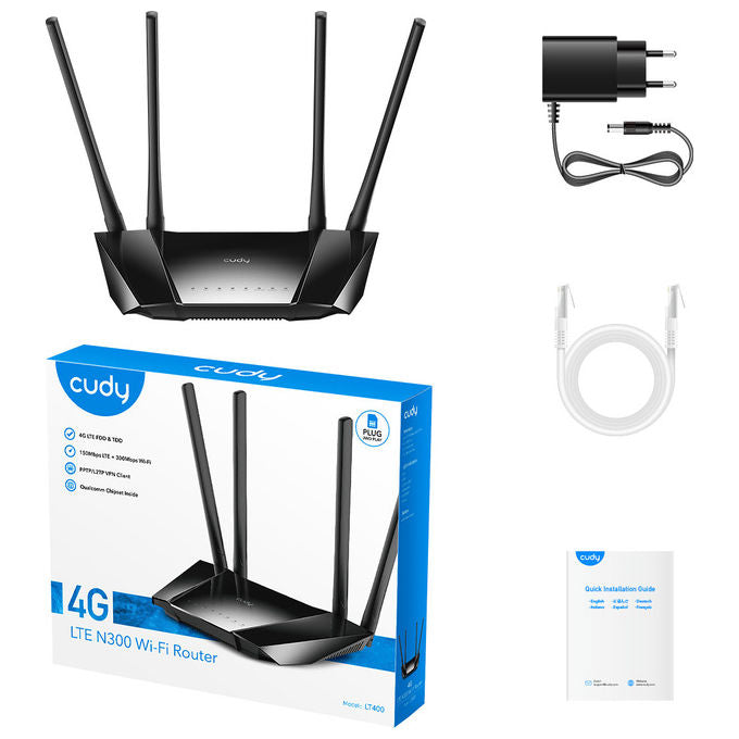 Cudy LT400 Router 4G Wi-Fi Nero - 4 Porte LAN - Antenna Esterna - VPN - 300 Mbit-s
