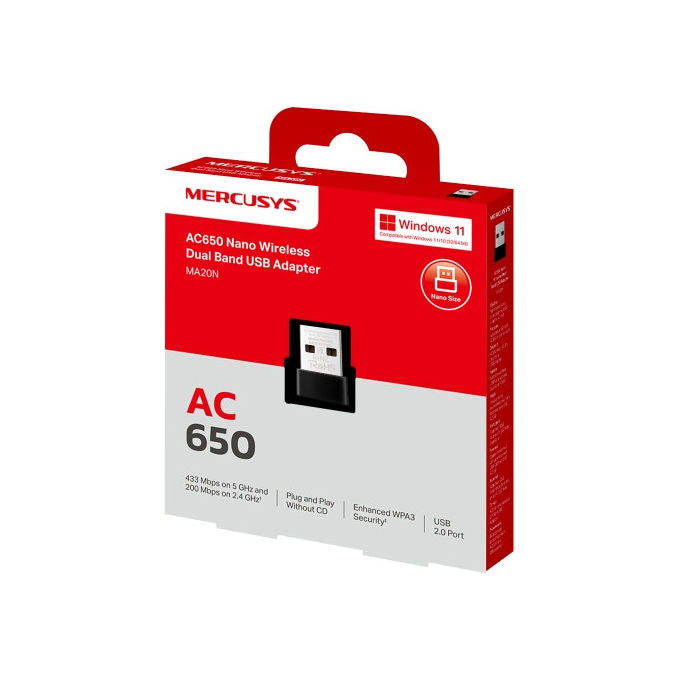 Mercusys MA20N Adattatore USB Wi-Fi Dual Band AC650 Wi-Fi 5 802.11ac 650 Mbit-s colore Nero