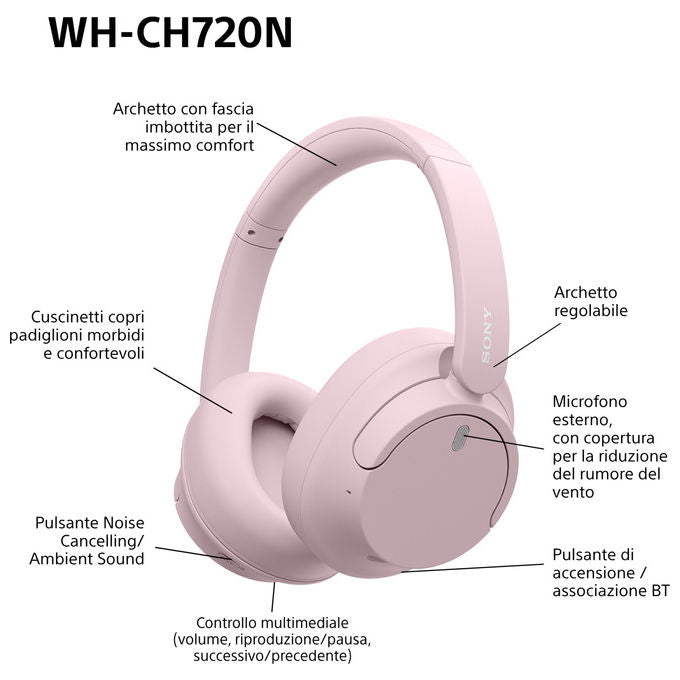 Sony WHCH720NP Cuffie a Padiglione Wireless Bluetooth 5.2 Noise Cancelling 50h Autonomia USB tipo-C colore Rosa