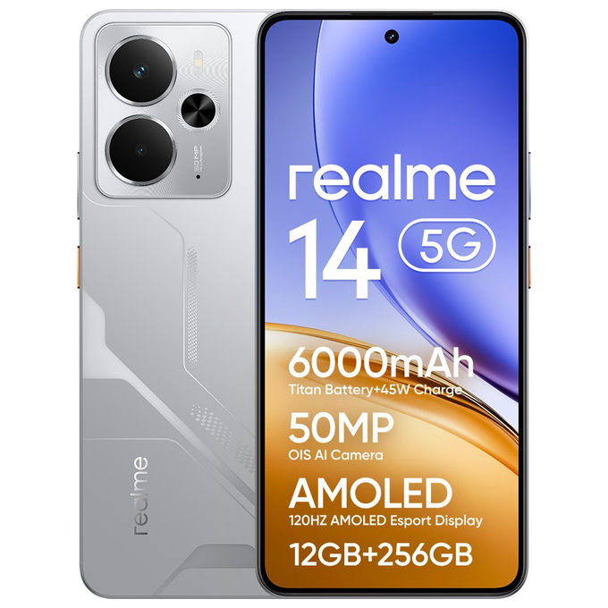 Realme 14 Smartphone 5G 6.67'' AMOLED 120Hz Snapdragon 6 Gen 4 12 GB 256 GB 50 MP 6000 mAh Android 15 colore Argento